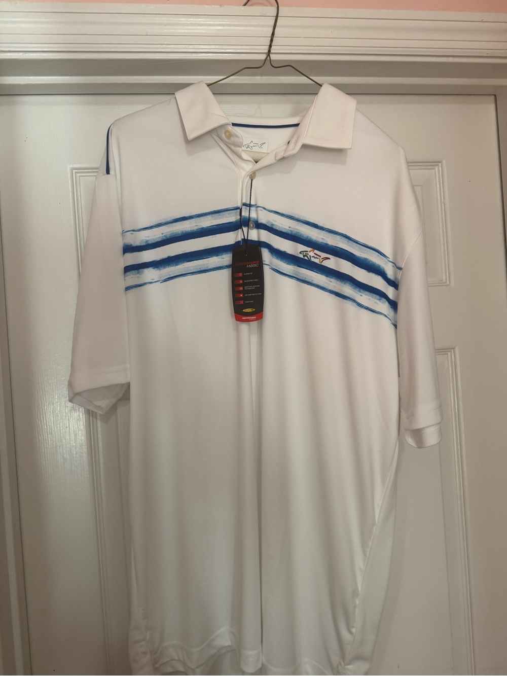 Greg Norman Performance White Polo with Blue Brushstroke Stripes